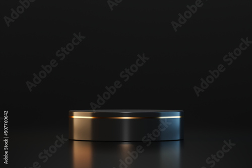 Black luxury gold empty podium background 3d stage with presentation product platform stand or abstract golden pedestal cosmetic display and modern premium round showcase on elegant mockup backdrop.