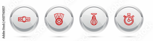 Set line Boxing belt, Medal, Punching bag and Stopwatch. Silver circle button. Vector