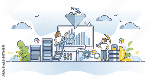 Data mining process with information database analysis outline concept. Online big data management with file classification, control and complex structure filtering vector illustration. Info funnel.