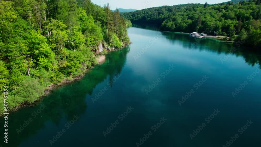 Plitvice Lakes National Park, Croatia, Drone Aerial View of Heavenly Landscape and Waterfall on Sunny Day