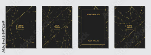 Geometric art cover design. Pattern of abstract circles, lines, scratches, cracks on a black background. Collection of vertical templates, golden grunge texture. Unique design solution.
