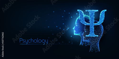 Abstract psychology, psychotherapy concept with glowing low polygonal psi symbol and two human heads