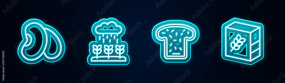 Set line Beans, Plant sprouts grow in the rain, Bread toast and Flour pack. Glowing neon icon. Vector Set line Beans, Plant sprouts grow in the rain, Bread toast and Flour pack. Glowing neon icon. Vector