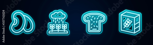 Set line Beans, Plant sprouts grow in the rain, Bread toast and Flour pack. Glowing neon icon. Vector