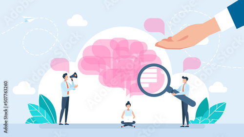 Tiny characters explore the brain. The influence of other people's thoughts on thinking. Propaganda. Thinking and opinion of internal voice. Seeking answer. Flat cartoon style. Vector illustration
