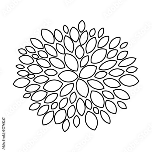 Floral abstract circular pattern. White petals in a black outline isolated on a white background for coloring. 