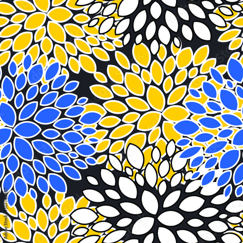 Abstract aster and chrysanthemum flowers. Seamless floral pattern with black background for decorative fabrics. Vector.