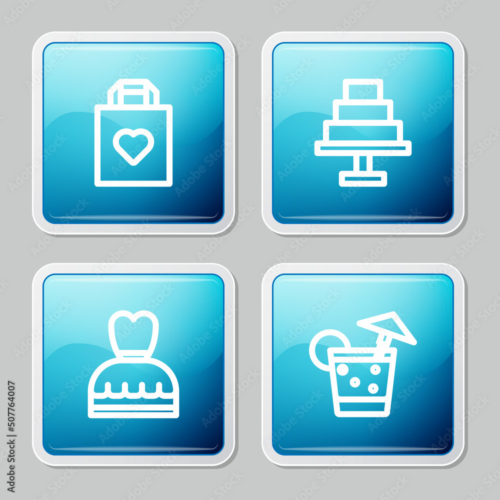 Set line Shopping bag with heart, Cake, Woman dress and Cocktail icon. Vector Set line Shopping bag with heart, Cake, Woman dress and Cocktail icon. Vector