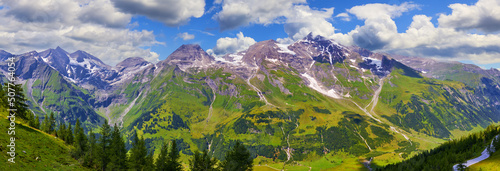 Grossglockner Alpine Road Panoramic view (Grossglockner-Hochalpenstrasse), Austria. High mountains panorama in Austrian Alps.