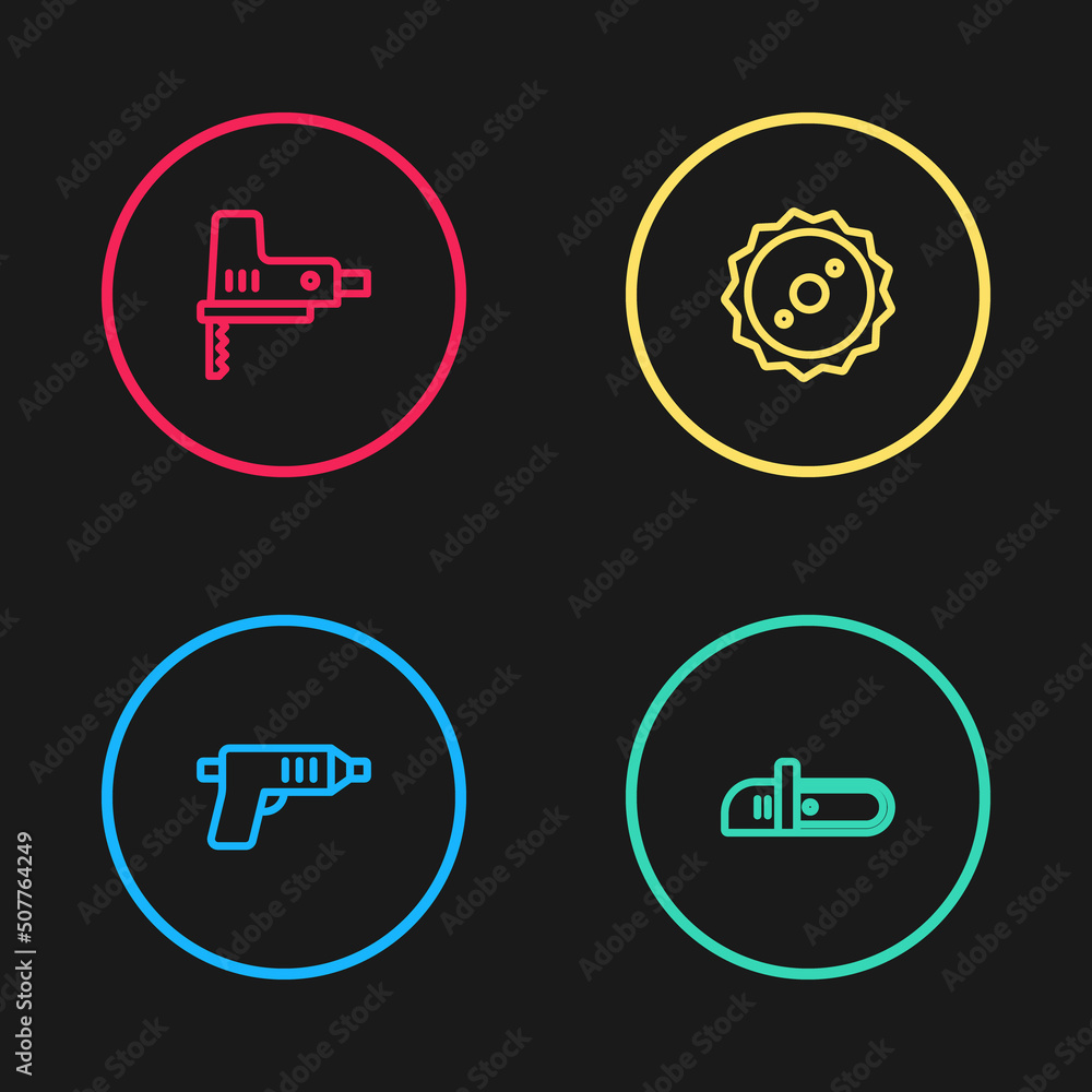Set line Electric cordless screwdriver, Chainsaw, Circular blade and jigsaw icon. Vector Set line Electric cordless screwdriver, Chainsaw, Circular blade and jigsaw icon. Vector