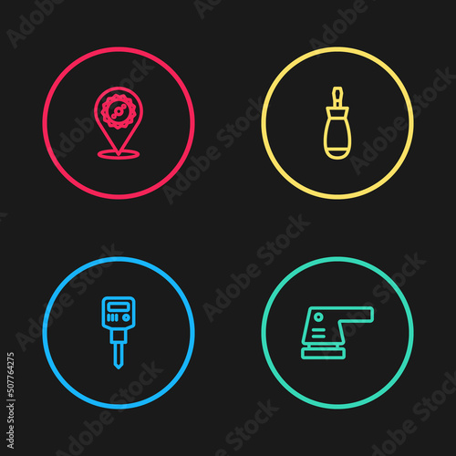 Set line Construction jackhammer, Electric sander, Screwdriver and Circular saw blade icon. Vector