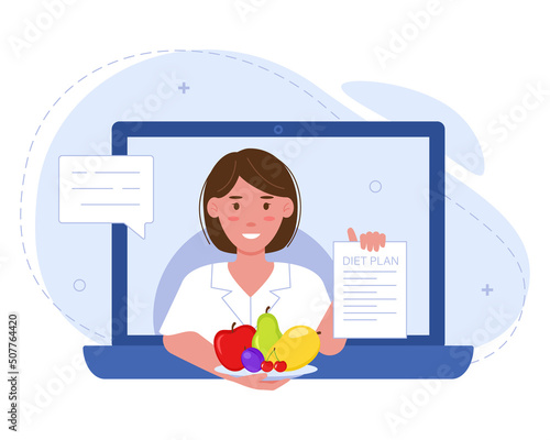 Female nutritionist on laptop screen with diet plan and fruits in hands. Online medical consultation. The concept of diet and healthy eating. Vector illustration