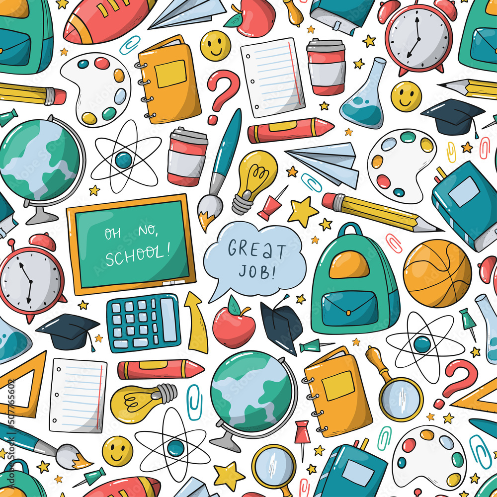 school seamless pattern with hand drawn doodles, cartoon, supplies on white background. Wrapping paper, scrapbooking, stationary, packaging, textile prints, etc. Back to school theme. EPS 10