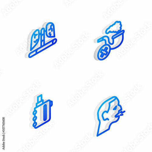 Set Isometric line Smoking pipe with smoke, Disease lungs, Electronic cigarette and Man coughing icon. Vector