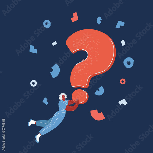 Cartoon vector illustration of Red questions mark and flying woman