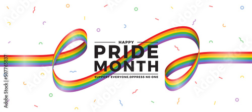 Happy pride month text with ribbon rainbow pride roll waving around on ribbon fireworks texture background vector design