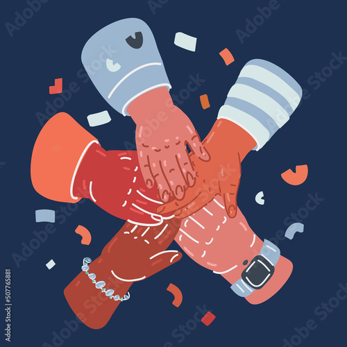 Cartoon vector illustration of friends hand get together. Unity, friendship, teamwork concept.