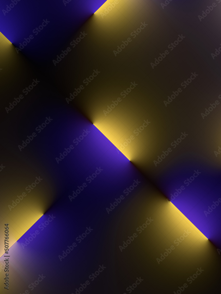 Yellow and blue fluorescent lamps on a dark background. 3d rendering pattern. Digital illustration creative design