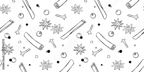 Vector seamless pattern of cinnamon sticks, star anise, carnation, pepper in doodle style. Background or texture of seasonings, food additive, spices