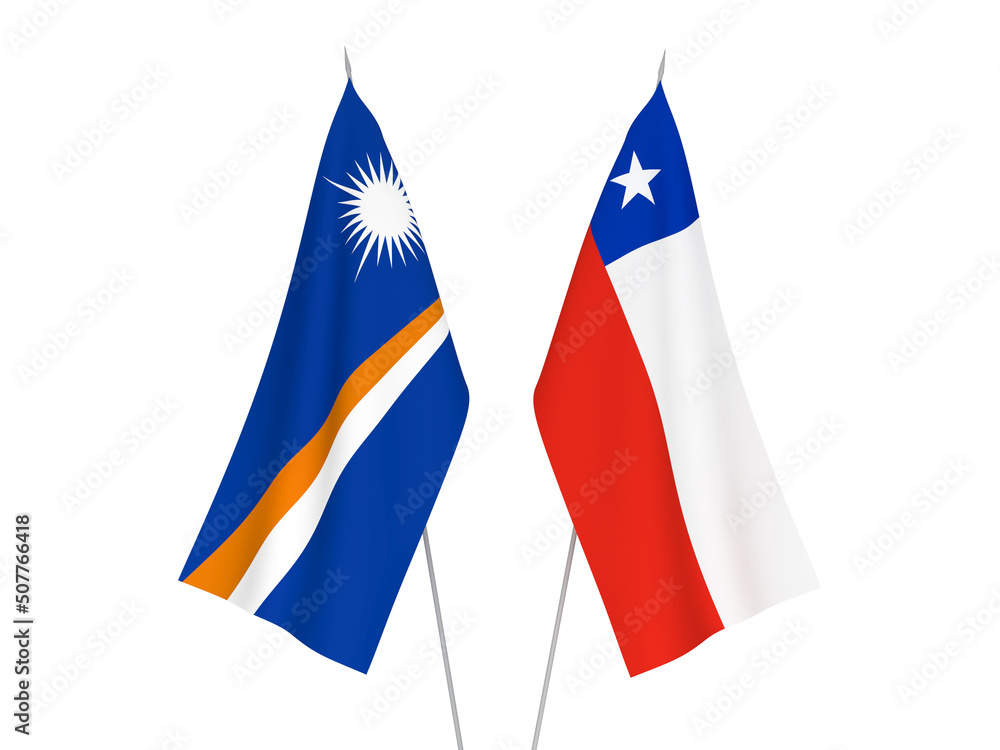 National fabric flags of Chile and Republic of the Marshall Islands isolated on white background. 3d rendering illustration.