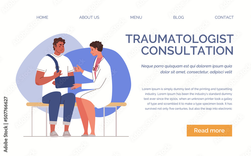 Male patient on examination by doctor with hand injury fixed with bandage. Man with broken arm in traumatology. Colored flat illustration of web template. Vector characters.