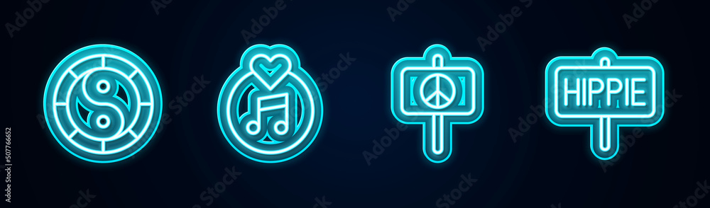 Set line Yin Yang symbol, Vinyl disk, Peace and . Glowing neon icon. Vector Set line Yin Yang symbol, Vinyl disk, Peace and . Glowing neon icon. Vector