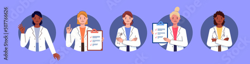 Doctors and nurses avatars. Team of physicians concept, medical office or laboratory. People working in clinic, emergency vector illustration. Flat cartoon style.