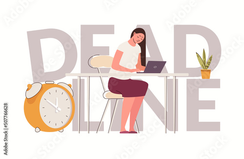 Concept of bad time management. Tired, stressed woman works at computer without raising her head. Clock shows end of term. Flat vector illustration. Cartoon characters.