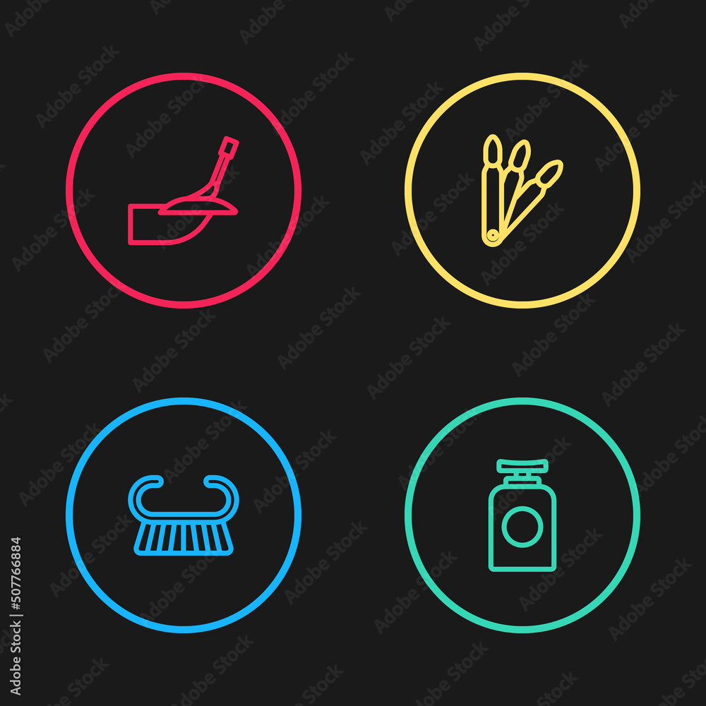 Set line Pedicure brush or grater, Tube of hand cream, False nails and Manicure icon. Vector Set line Pedicure brush or grater, Tube of hand cream, False nails and Manicure icon. Vector