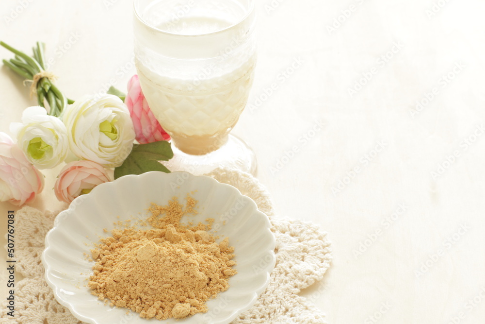 Japanese food ingredient, soy powder and milk for healthy food image Japanese food ingredient, soy powder and milk for healthy food image
