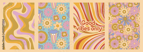 Groovy poster set in cartoon style with slogan and flower daisy. Groovy flower background. Retro 60s 70s psychedelic design. Abstract hippie illustration.