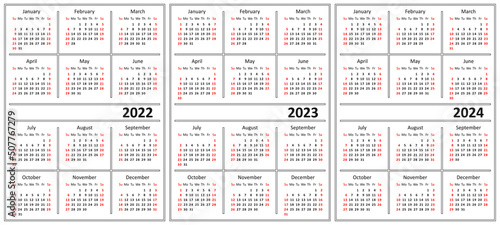 Template of a calendar of white color. Calendar for 2022, 2023 and 2024. Week starts on Sunday. 
