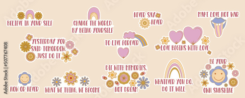 Retro groovy inspirational stickers set. Y2k aesthetic hippie. Trend vector illustration. Rainbow, flower and heart graphic. Vector illustration design. Sticker pack. Hippie aesthetic.