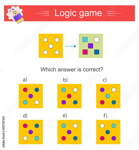 Logic game. Which top v  ew is correct  IQ training test. Printable worksheet. Vector illustration. Answer is E.
