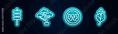 Set line Korean food tokpokki, Bonsai tree, South won coin and Kimchi. Glowing neon icon. Vector photo