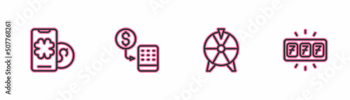 Set line Online poker table game, Lucky wheel, Casino chips exchange and Slot machine with jackpot icon. Vector