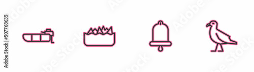 Set line Inflatable boat with motor, Ship bell, Sharp stone reefs and Bird seagull icon. Vector