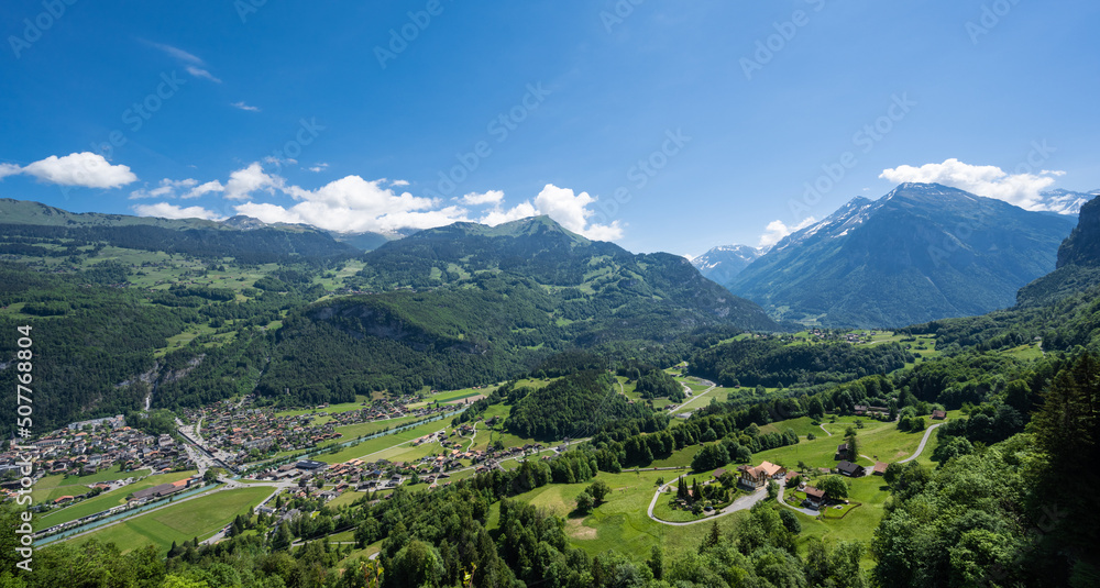 Panoramatic view of Meiringen town with Hasliberg in the background