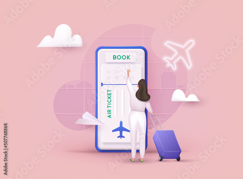 Online booking flight tickets concept on mobile phone. Time to travel concept. 3D Web Vector Illustrations.