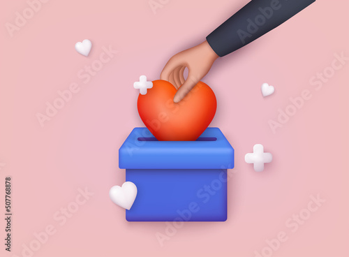 Hands holding red heart. Donation and charity concept. 3D Web Vector Illustrations.