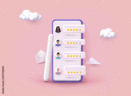 People Characters Giving Feedback. Vector customer review concepts. Reviews stars with good and bad rate and text. 3D Web Vector Illustrations.