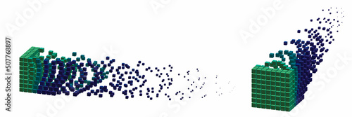Cubic data block dissolving into small cubes. Big Data concept. Voxel art. 3d Vector illustration.  .Dimetric projection.