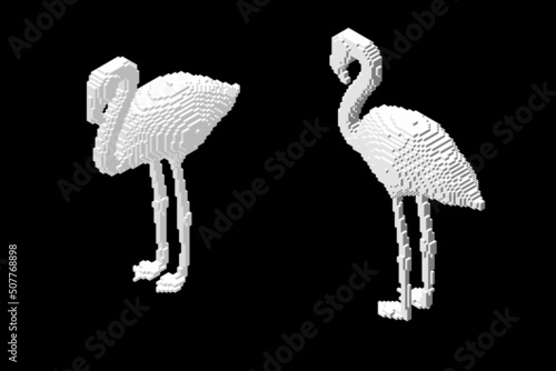 Flamingo bird made from cubes. Voxel art. Futuristic concept. 3d Vector illustration. Isometric projection.