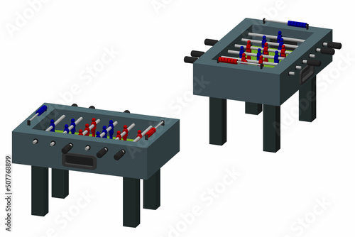 Foosball Table, Soccer Table Football Game. Dimetric projection. 3d Vector colorful illustration.