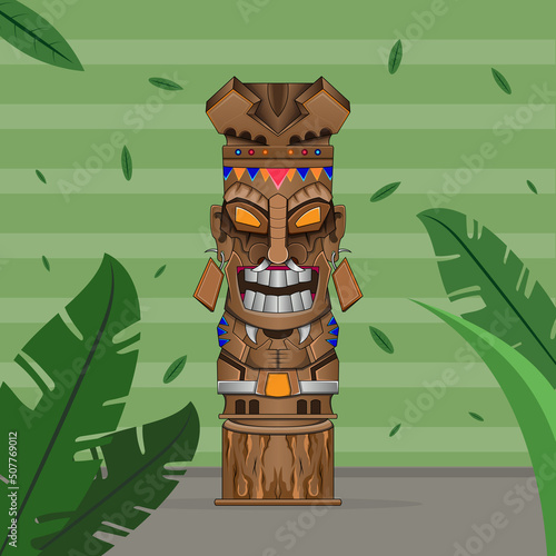 Vintage totem tiki mask wooden voodo colorful concept poster Print