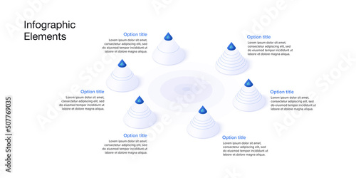 Business process chart infographics with 6 step cones. Cubic corporate workflow graphic elements. Company flowchart presentation slide. Vector info graphic in isometric design.