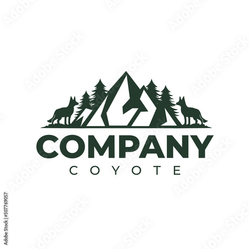 Vintage Retro Moon Howling two Wolf with Pine Tree Forest and Mountain Logo Design Vector