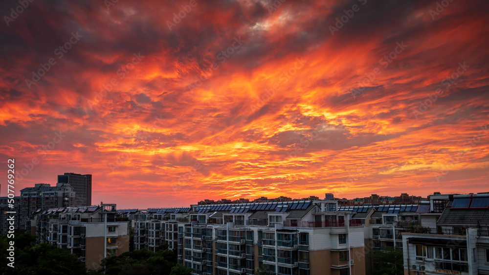 fire cloud and buildings of Yangzhou scenery fire cloud and buildings of Yangzhou scenery