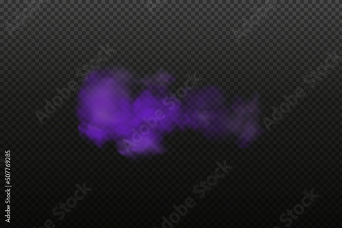 Realistic scary mystical fog in night Halloween. Purple poisonous gas, dust and smoke effect.