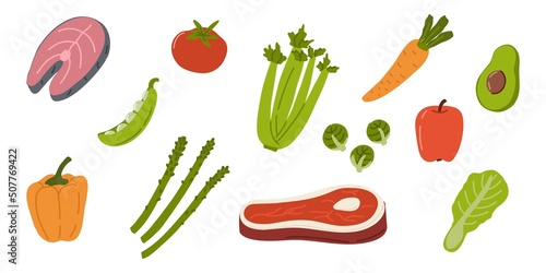 Healthy food. Vegetable flat vegan food. Vector fish meal nutriton diet complex